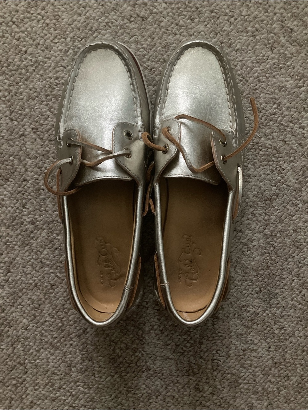 Sperry Metallic Silver Leather Boat Shoes with Tan Laces